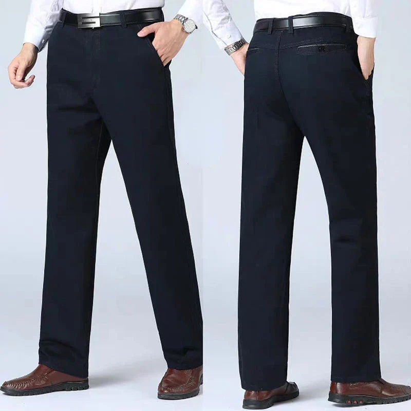 Summer Thin 100% Cotton Pants Mens Autumn Thick Suit Pant Slacks High Waist Straight Loose Bland Solid Business Casual Pants