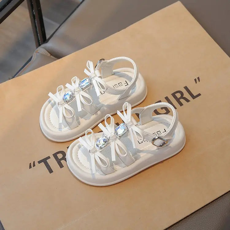 Summer Kids Fashion Hollow-out Roman Sandals Student Water Diamond Bow Sandals Sweet Bowknot Comfortable Elegant Girls Shoes
