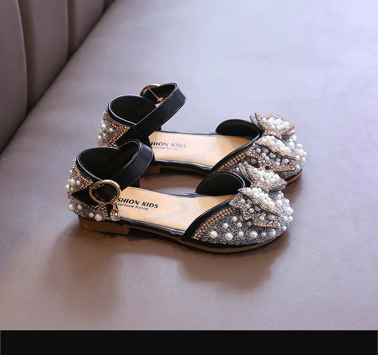 2025 New Summer Style Fashionable Comfortable Casual and Elegant Flat Bow Toe-toe Beaded Wear-resistant Girls' Leather Shoes