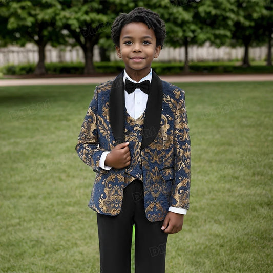 Paisley Slim-Fit Suit Set for Boys with Black or Navy Collar for Weddings