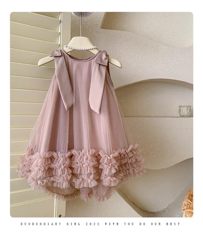 2024 Summer Korean  Girls New Sleeveless Bow Solid Color Sweet and Gentle Princess Dress Childrens Trend