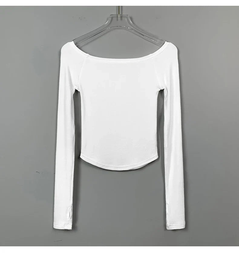 Camiseta Feminina Sexy com Decote Canoa de Algodão Manga Longa Cropped Tee Camiseta Feminina Slim Preta Branca Tops 2026