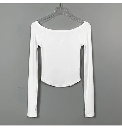 Camiseta Feminina Sexy com Decote Canoa de Algodão Manga Longa Cropped Tee Camiseta Feminina Slim Preta Branca Tops 2026