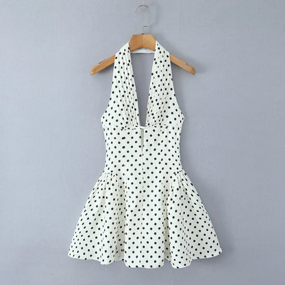 French Style Retro Polka Dot Deep V Halter Dress Women Sexy Backless A-line Slim Sweet Elegant Mini Dresses Summer Robe