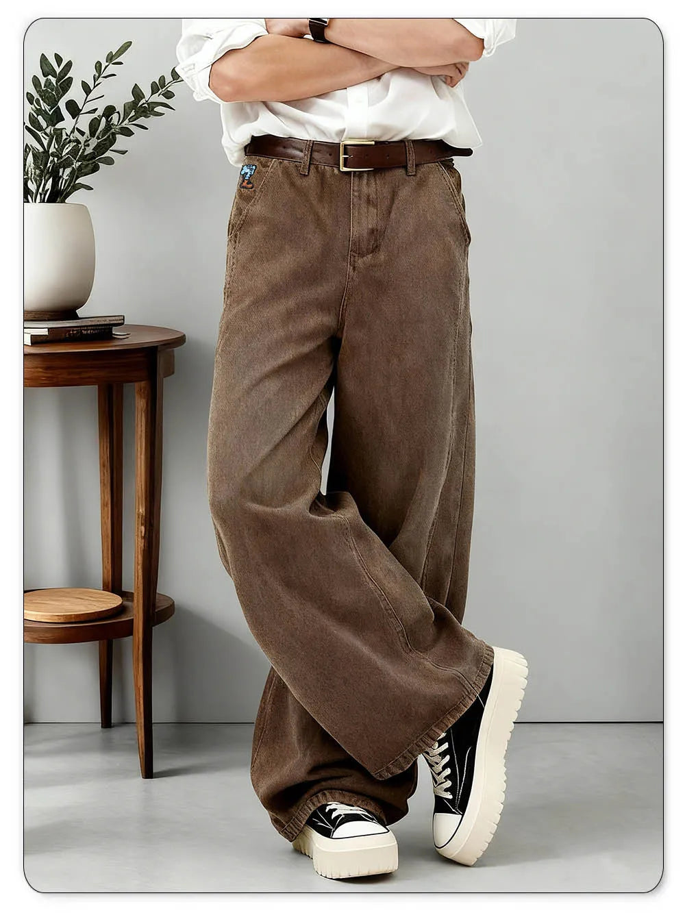 American Men's Retro Brown Ultra Baggy Wide Leg Jeans Street Casual Embroidery Oversized Men's Clothes Unisex Denim Pants