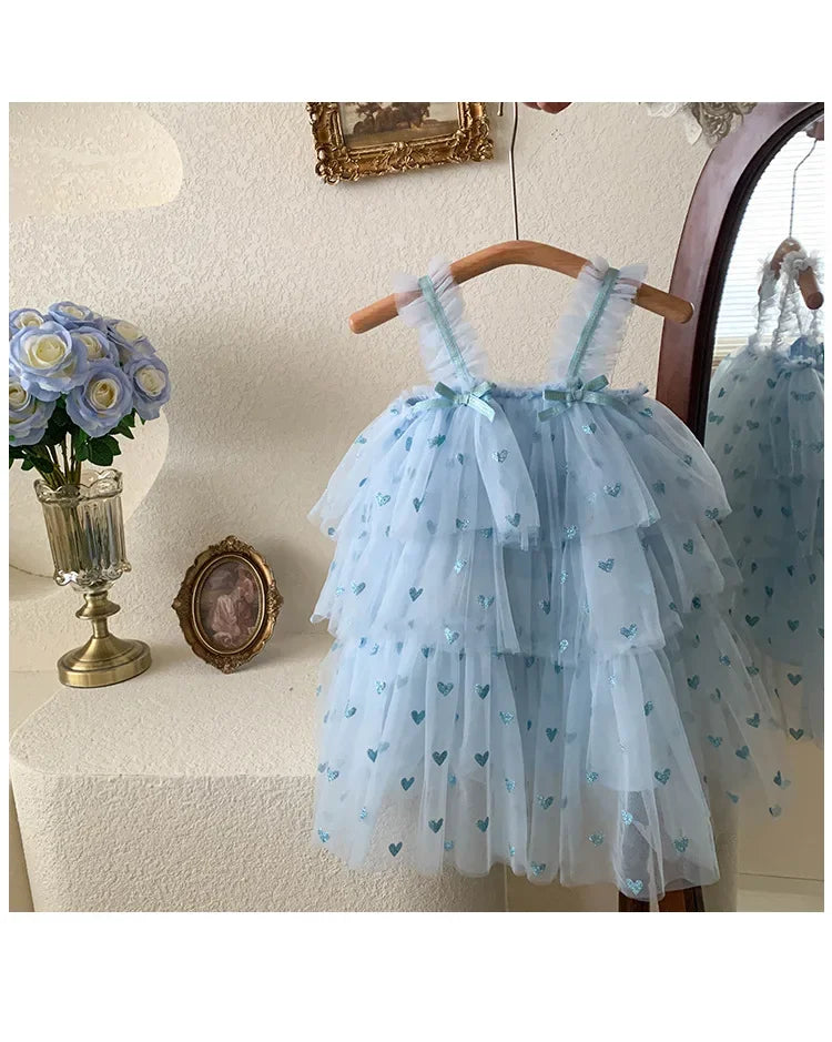 New Summer Baby Girls Party Dress Sleeveless Spaghetti Strap Love Heart Layered Princess Dresses for 3-7Year Old Kids E2310