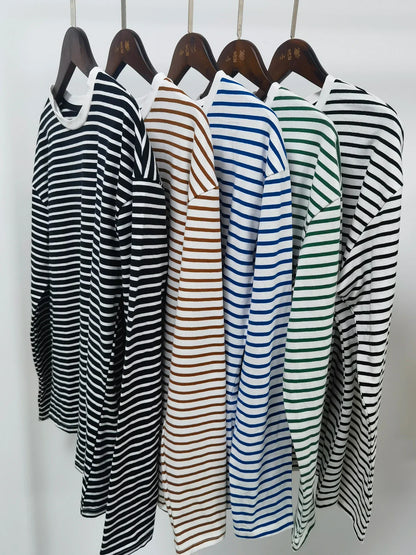 2025 Summer Long Sleeve Striped T-Shirts Women Basic Casual Tops Female Cozy Loose Cotton Tees Harajuku T Shirt New