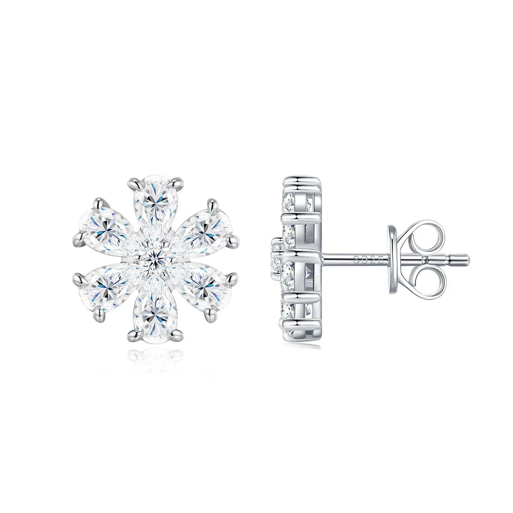 Cluster Flower Full Moissanite Stud Earrings for Women Pear Cut Lab Diamond Earring 925 Sterling Silver Ear Studs Fine Jewelry