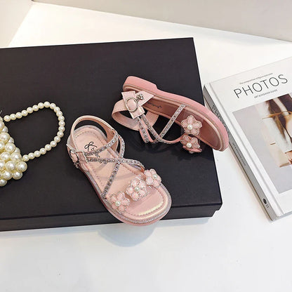 Girls Princess Sandals Children Summer Beach Shoes Soft Bottom Anti-slippery Fashion Kids Flowers Rhinestone Sandals Size 23-36