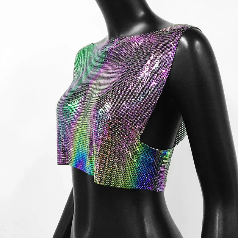 Sexy Metal Sequin Tank Top For Women y2k Summer Beach Backless Crop Top Rave Festival Club Outfits Camisole