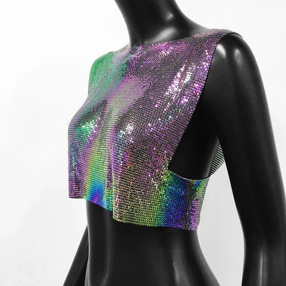 Sexy Metal Sequin Tank Top For Women y2k Summer Beach Backless Crop Top Rave Festival Club Outfits Camisole