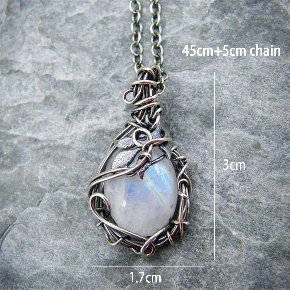 Artificial Moonstone Antique Pendant Necklace Gems Cabochon Vintage Boho Moon Necklace for Lady Girls Women Gift
