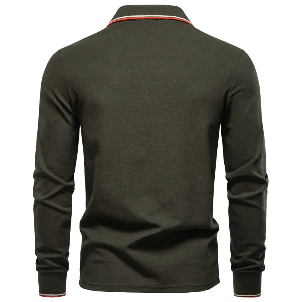 Men's Henley Neck Polo Shirt Cotton Solid Color Long Sleeve Autumn Winter Premium Luxury Mens Top