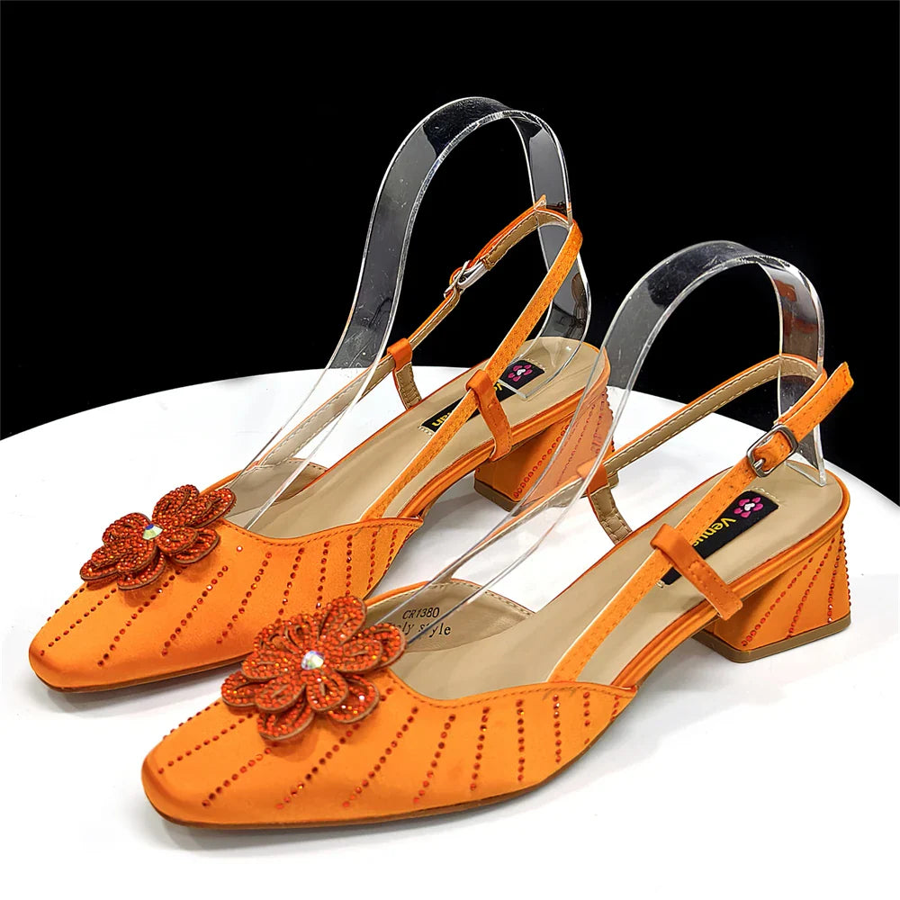 Italian Fashion Women's Elegant Orange Heels & Rhinestone Clutch Bag Set – Perfect for Parties and Special Occasions