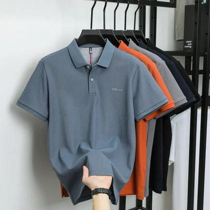 Brand 100%pure cotton short sleeve polo shirt men's new fashion letter embossed business casual solid color summer lapel T-shirt