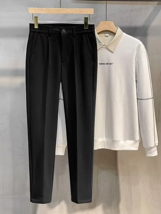 Men's Woolen Straight Leg Casual Pants Autumn Winter Thickened Fashionable Nine Point Pants mid Waist Pure Color Anti-Wrinkle