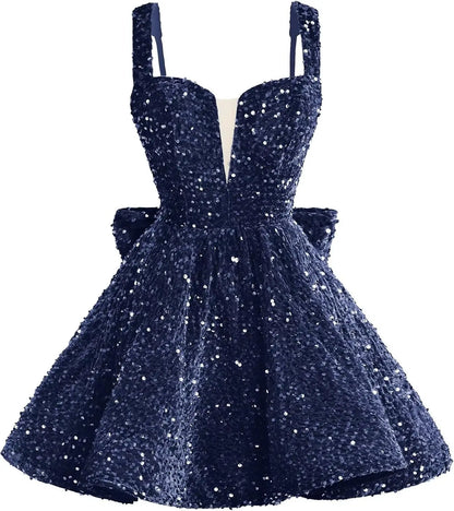 Sparkly Sequin Homecoming Dresses 2026 Short Spaghetti Straps V Neck Cocktail Party Gowns with Bow  Mini Dress Graduation Dress