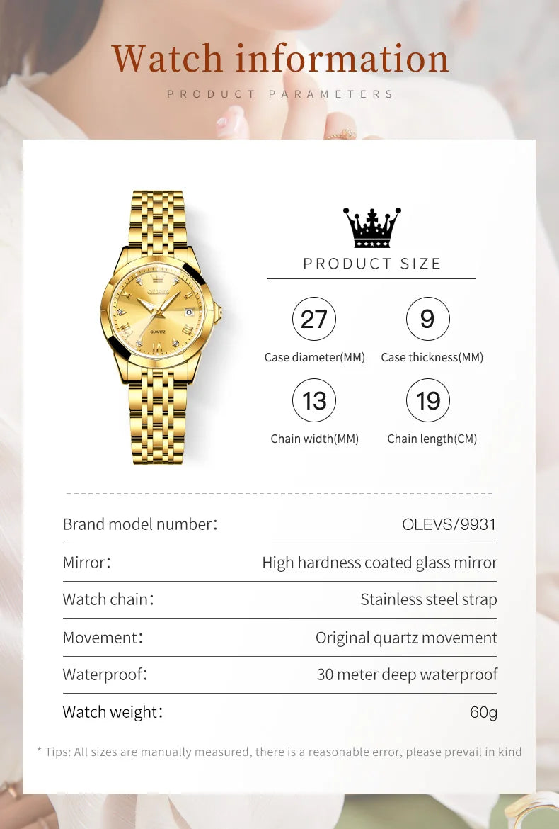 Fashion Golden Watch for Women Stainless Steel Waterproof Women's Watches Elegant Original Luxury Ladies Quartz Wristwatch