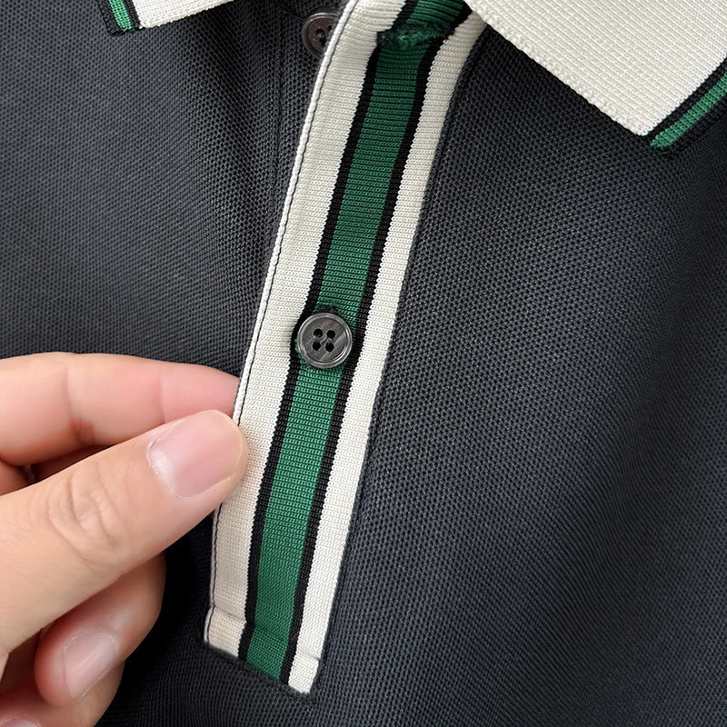 High Quality Man Short-Sleeved Polo Shirt Lapel Button Color Blocking Pattern Printing New T-Shirt Business Casual Men'sClothing