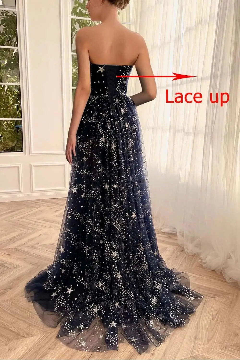 V Neck Luxury Women's Sparkle Starry Tulle Prom Dresses Strapless Slit Formal Evening Party Gowns Formal Dress Women Elegant