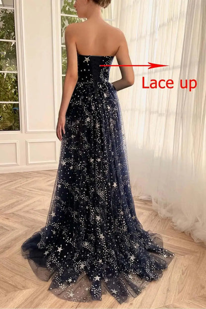 V Neck Luxury Women's Sparkle Starry Tulle Prom Dresses Strapless Slit Formal Evening Party Gowns Formal Dress Women Elegant