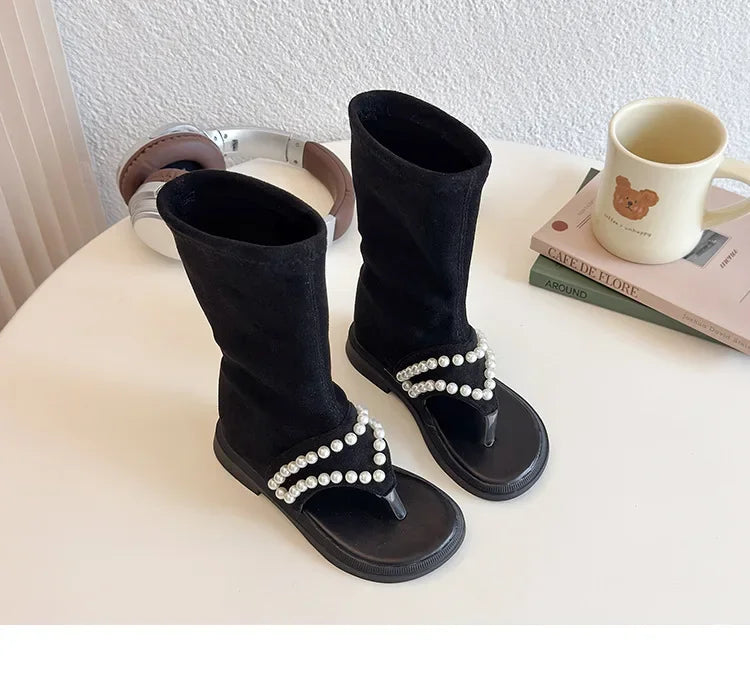 2025 Children High-top Sandals for Girls Summer New Fashion Korean Style Soft Sole Non-slip Versatile Pearl Roman Princess Shoes