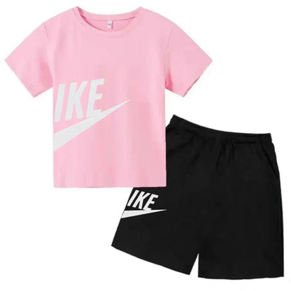 Fashion Sport 2Pcs Outfit, Printed Short Sleeve Tee and Shorts, Comfortable Summer Tracksuit for Boys Girls