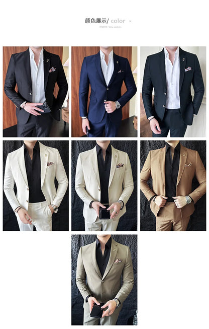 Men's Korean Style Slim Fit Suit Set, High Quality Fabric Solid Color Edge Pressing for Wedding Business