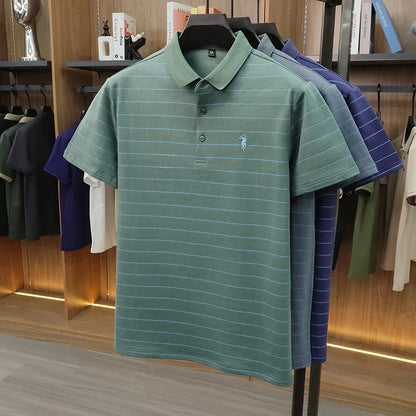 2026 New Summer Pure Cotton Short Sleeved Business Polo Shirt Men's Lapel Breathable Casual Versatile Top Striped T-shirt