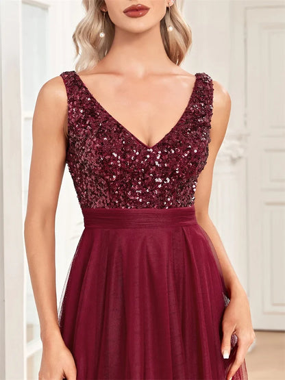Elegant Women Sleeveless Sequins V-Back Floor Length Formal Evening Dresses Luxury V-neck Wedding Party Cocktail Gowns