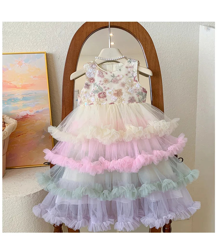 Vestido Regata para Meninas Verão 2025 Novo Vestido Elegante de Malha com Babados para Meninas Vestido Princesa Roupa Infantil de Fada