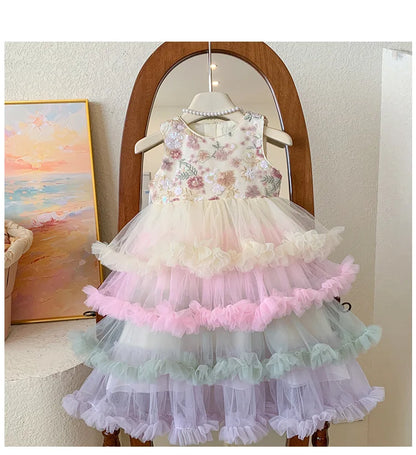 Vestido Regata para Meninas Verão 2025 Novo Vestido Elegante de Malha com Babados para Meninas Vestido Princesa Roupa Infantil de Fada