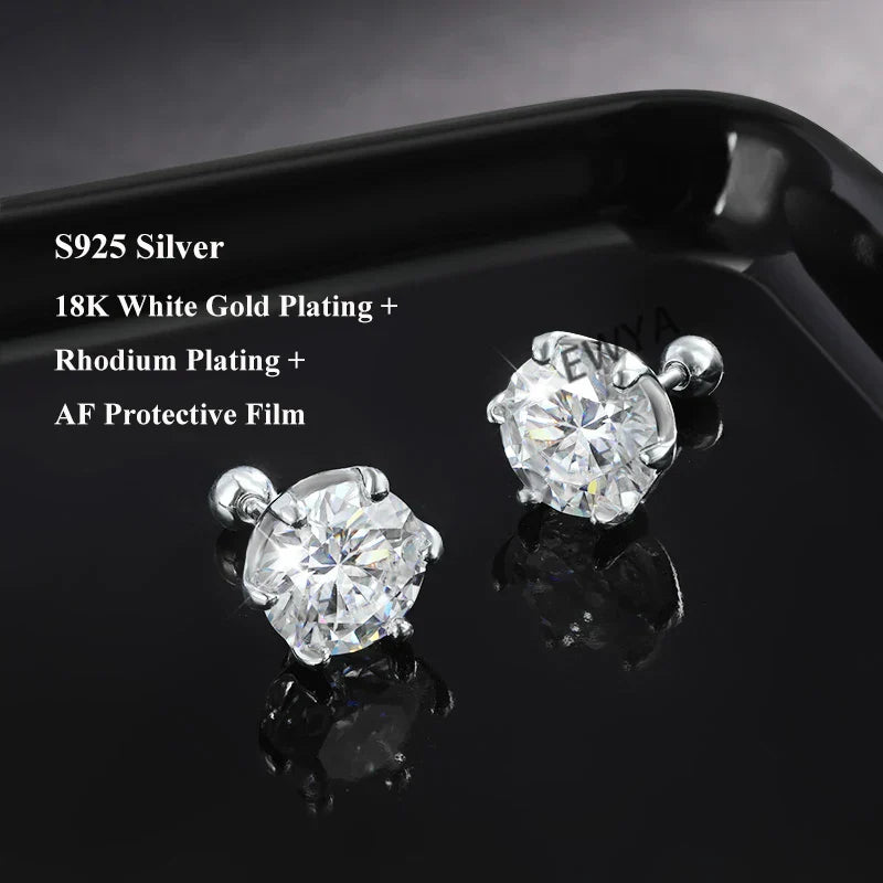 0.2/0.5/2ct D Color Moissanite Screw Stud Earrings for Women Men Silver 925 Plated 18K Pass Diamond Test 6 Prong Earring