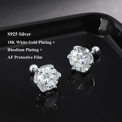 925 Sterling Silver 0.2-2ct D VVS1 6 Prong Diamond with GRA Moissanite Screw Stud Earrings For Women Wedding Fine Jewelry
