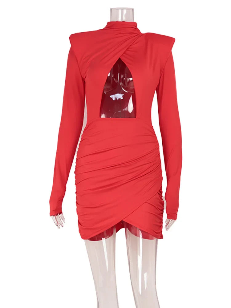 Hollow Out Long Sleeve Solid O Neck Hip Wrap Sheath Zipper Women Dresses Party Outfits Female Bodycon Vestidos Robes