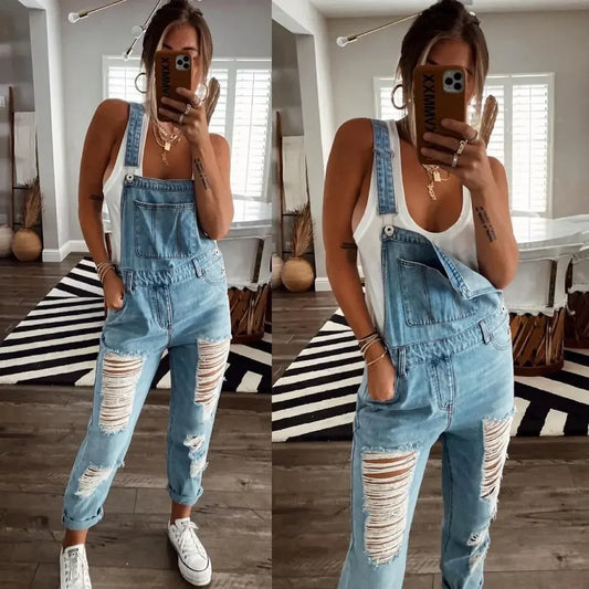 Denim Pants One Piece Suspenders Straight Trousers