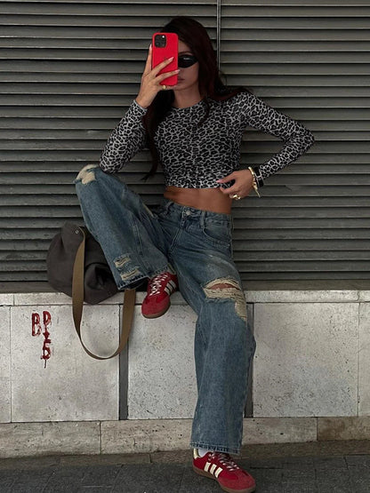 Sexy Long Sleeves Tops Mesh T Shirt Leopard Printed Bodycon Women Clothes Lady Party Club Streetwear Casual Nightout Y2K