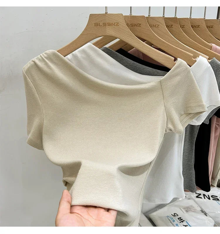 Womens Long Sleeve Off Shoulder T Shirts 2026 Tight Knit Sexy Slim Fitted Casual Women's Basic Tops Cropped T-Shirt