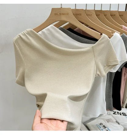 Womens Long Sleeve Off Shoulder T Shirts 2026 Tight Knit Sexy Slim Fitted Casual Women's Basic Tops Cropped T-Shirt