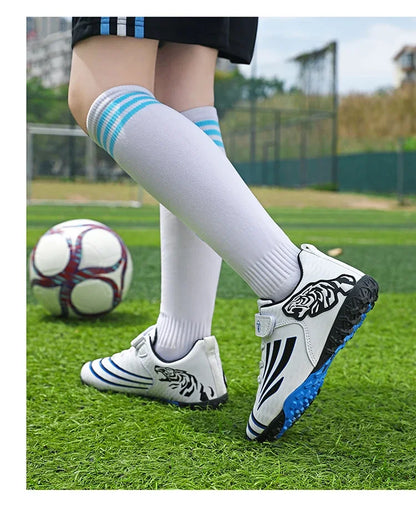 Fashion Gold Children's Football Shoes Outdoor Non-slip Turf Soccer Shoes Kids HOOK&LOOP Low-cut Sports Sneakers Child Trainers