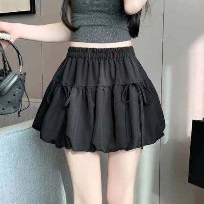 Summer Ballet Style Bow A-Line Women's Mini Skirts High Elastic Waist Tie Pleated Bud Balloon Skirt