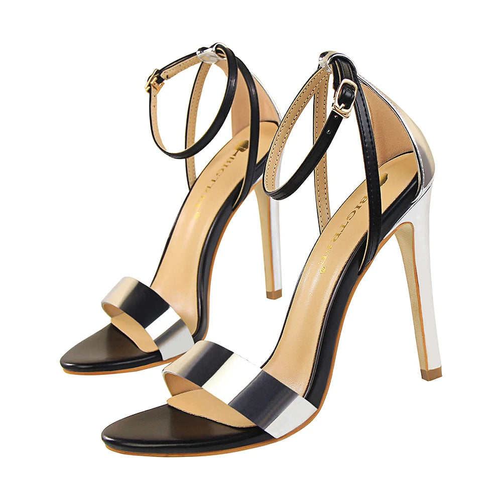 Women Black-White Concise Leather 11cm High Heels Sandals Lady Adjustable Ankle Buckle Shoes Female Fashion Party Dress Shoes