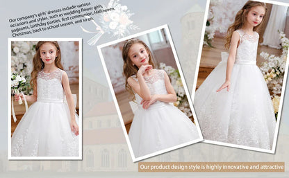 lower Girl Dress Embroidery Tulle Lace for Kid Bridesmaid Birthday Party Communion Formal Princess Bow Ball Gown