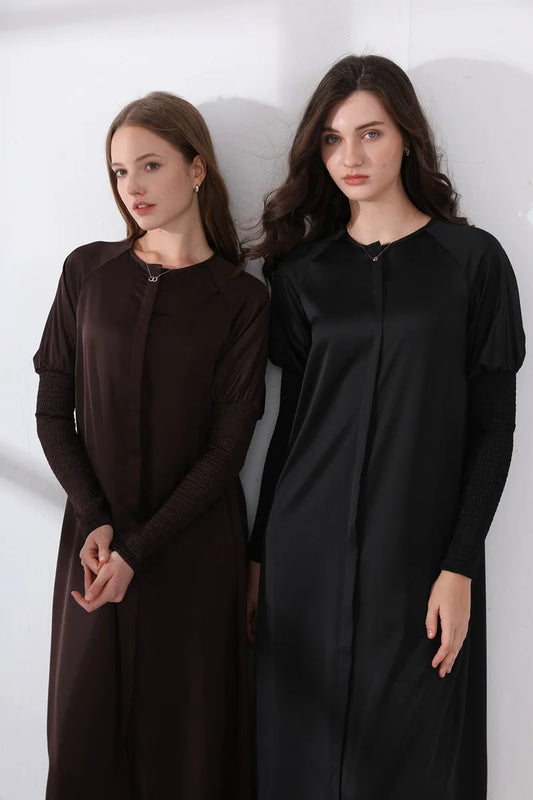 woman clothing satin dress button down design smocking sleeve maxi dress ( Ship out in 1 day)