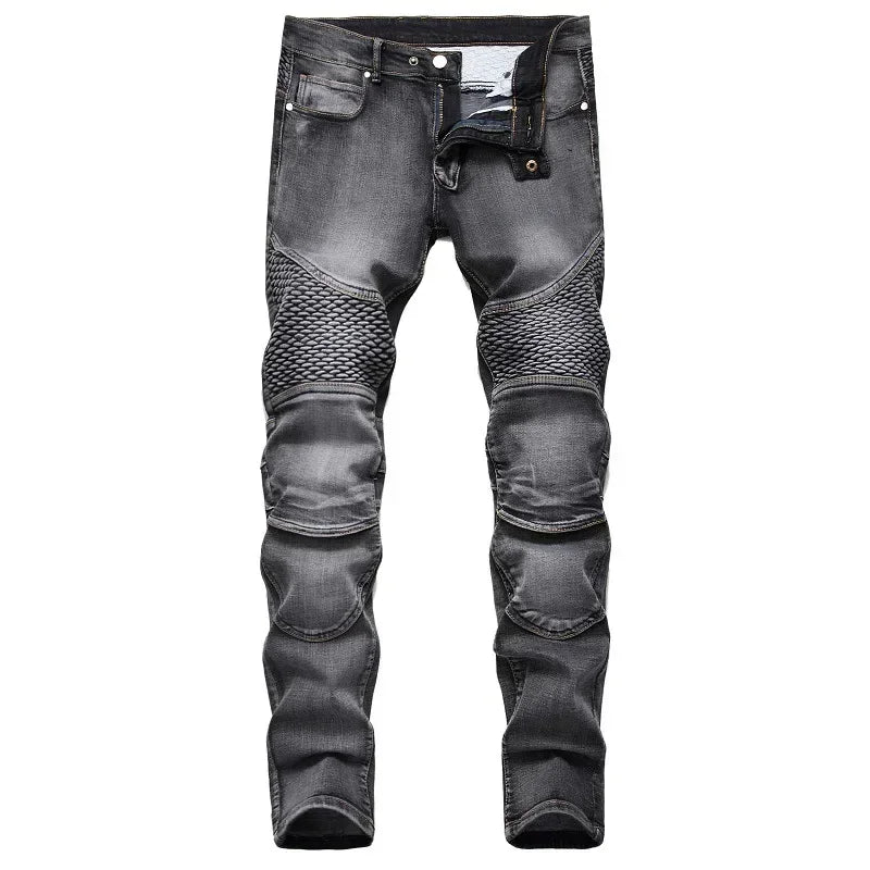 Calça Jeans Masculina Nova Casual Moto Hip Hop Rua Equitação Elástica Slim Reta Patchwork Moda Calças Jeans Masculinas