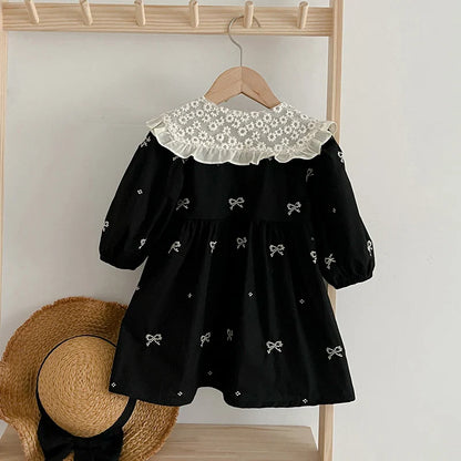 Outono 0-6 anos Vestido de Princesa para Meninas Roupas de Bebê Menina Gola Borboleta Roupas de Bebê Menina Peça Única Vestido Infantil Bordado