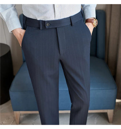 Men's Wool Blend Dress Pants, Elastic Waist Business Trousers, Tapered Slim Fit, Charcoal Gray Black Navy