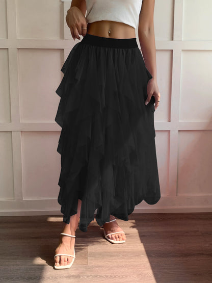 Medium waist chiffon long skirt for women, irregular layered pleated edge layered cake skirt, elegant fairy A-line skirt