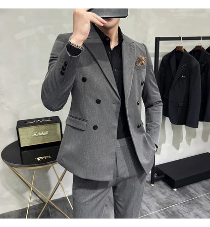 ( Blazers + Pants ) Boutique Fashion Solid Color Double-breasted Men's Casual Business Slim Suit 2-piece Set Groom Wedding Dress