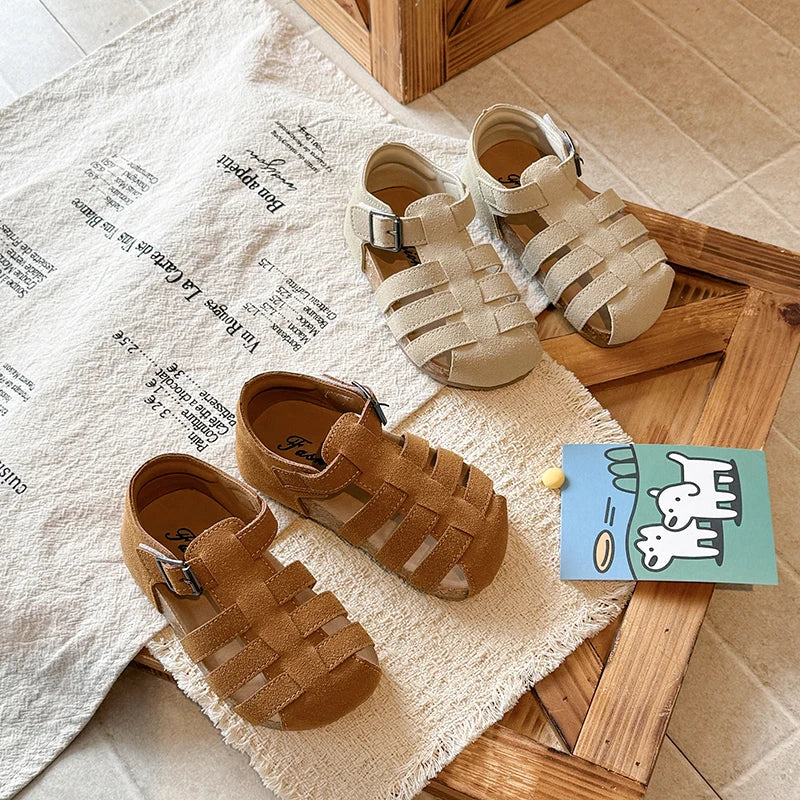 Kids'Casual Shoes Sandals PU Leather Fashion Solid Color Summer Shoes For Girls Buckle Anti-slip Brown White Shoes Size 21-30
